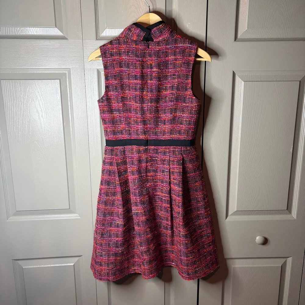 Trina Turk Pink Tweed Sleeveless Dress 4 High Neck A-Line Black Belted Accent - Picture 4 of 6
